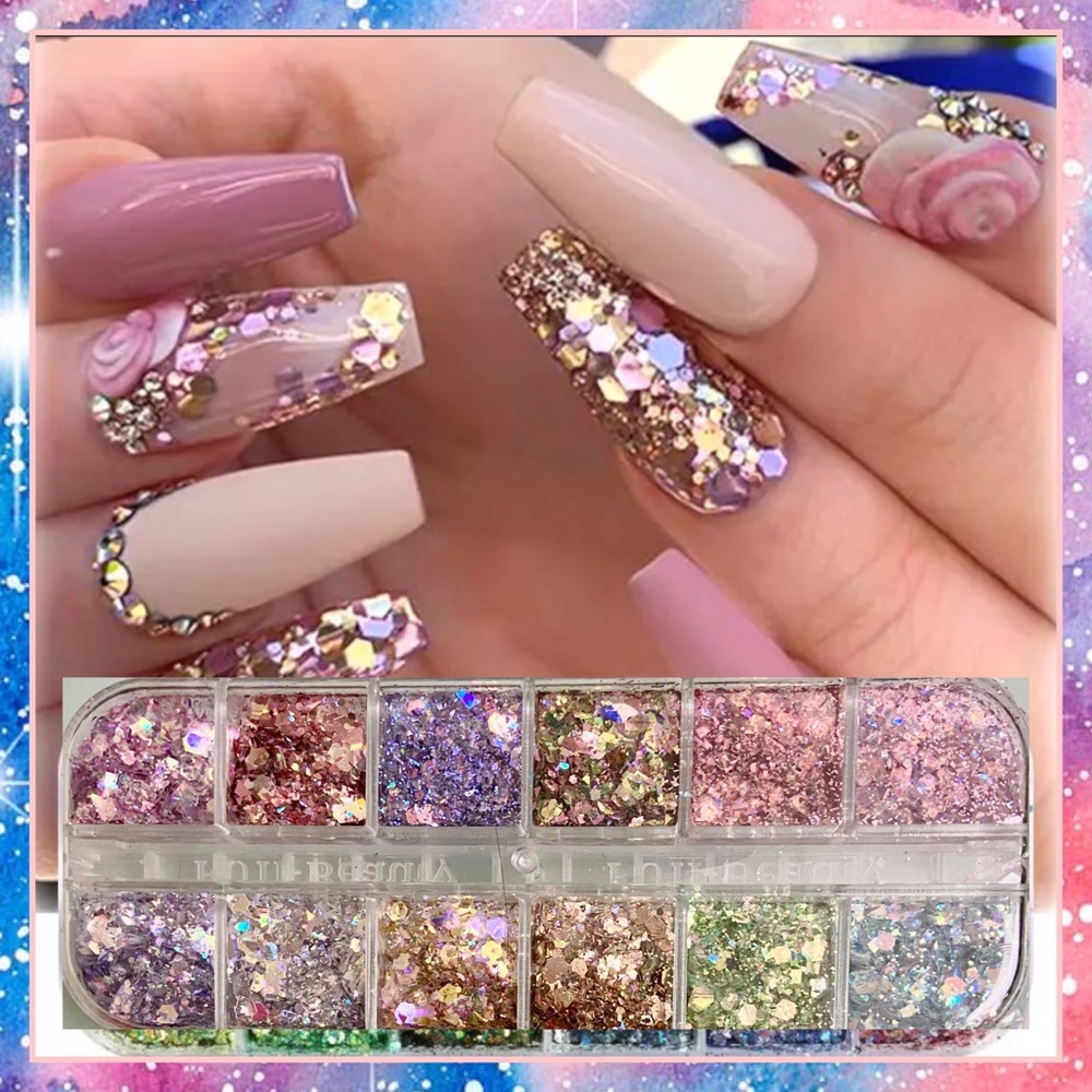 12 Grid Box With Iridescent Mixed Hexagon Nail Glitter